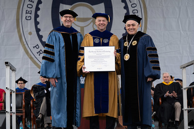 Steve McLaughlin, Sebastian Thrun, and Ángel Cabrera at Georgia Tech's 2024 fall commencement