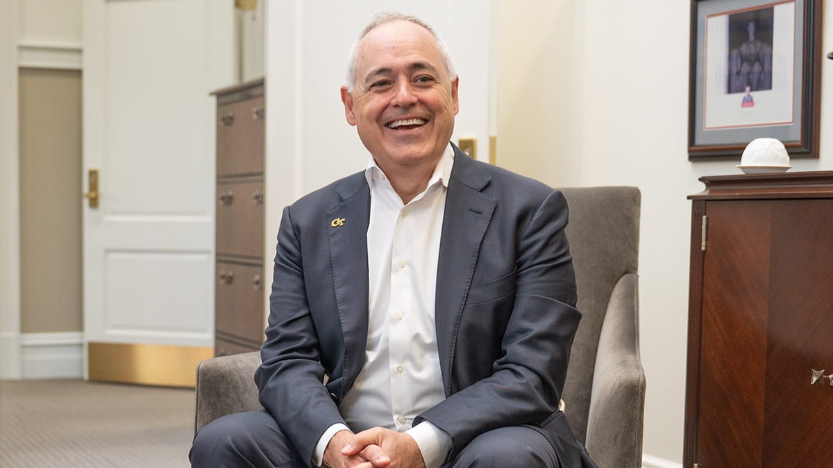 Georgia Tech President Cabrera sitting in his office.
