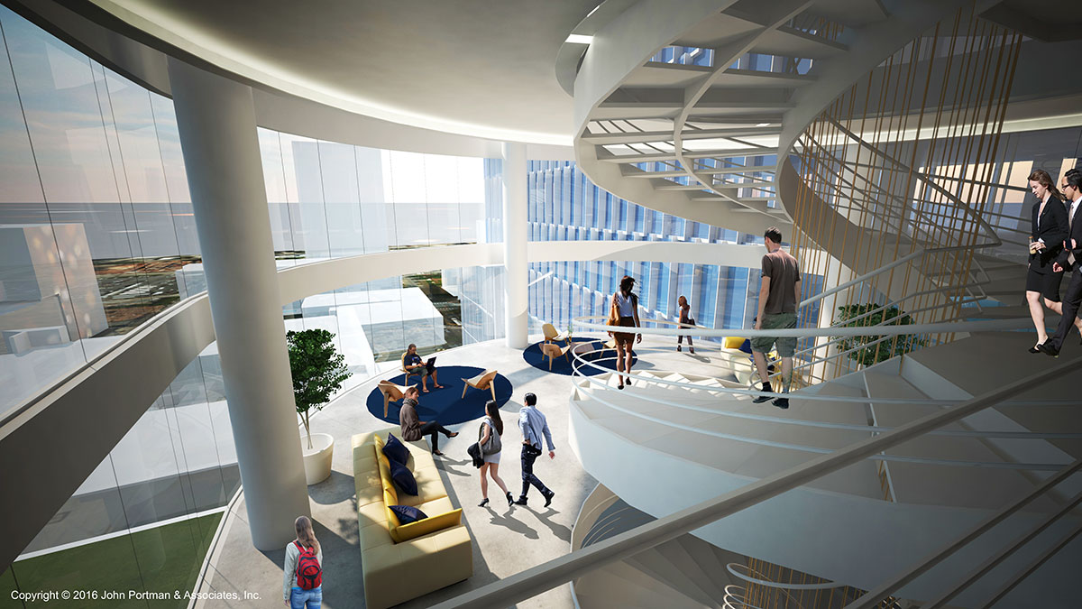 A rendering of the interior of Coda, showing a spiral staircase and a lounge area with couch and rug where students and community members can relax