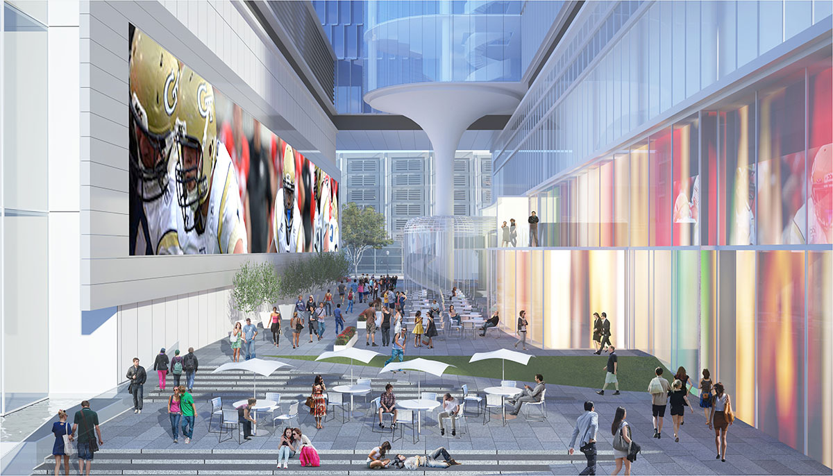 Rendering showing an outdoor plaza between two buildings with tables and crowds of people, plus a giant television screen showing a Georgia Tech football game