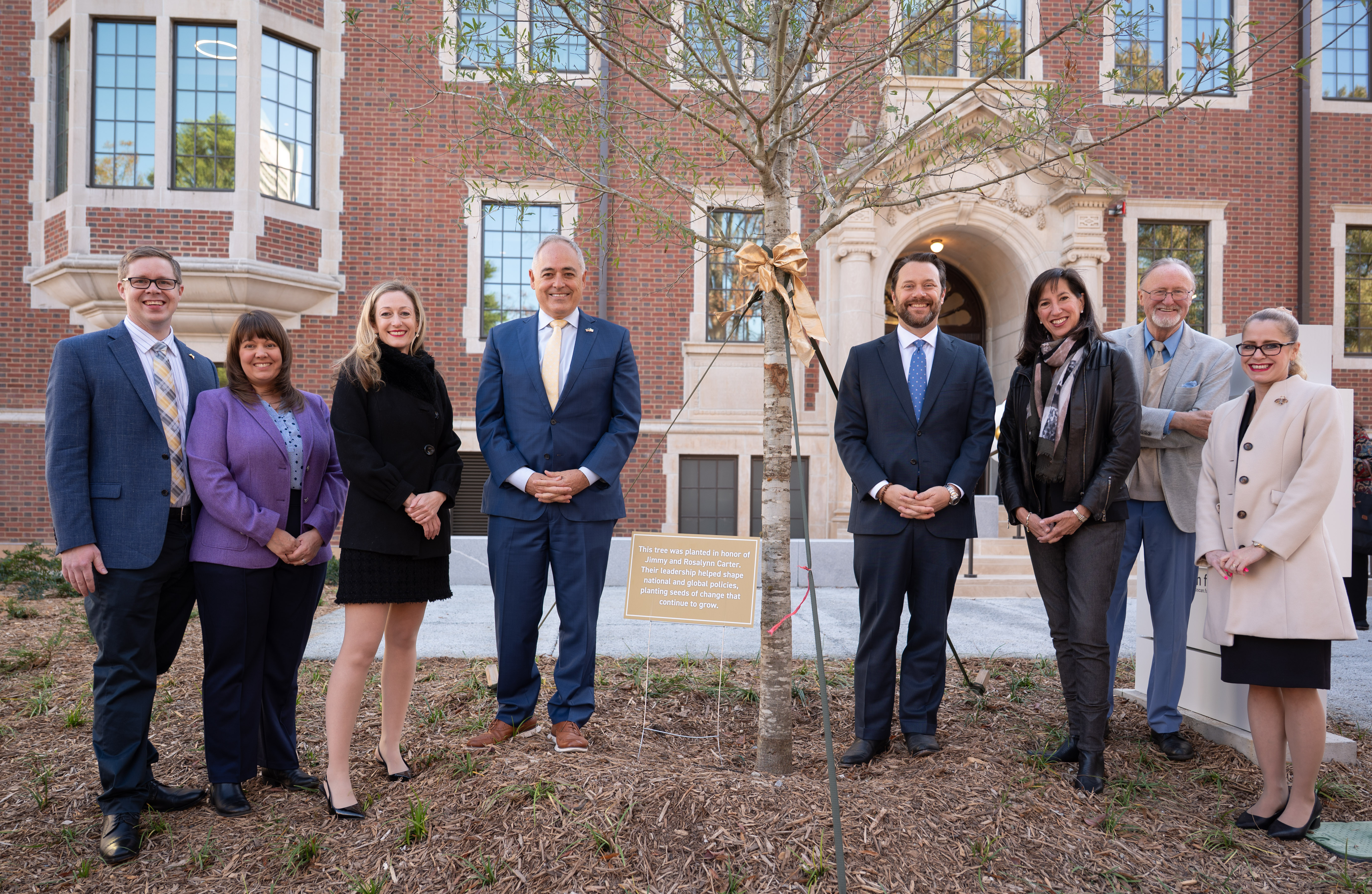 Josh and Sarah Carter; Cassidy Sugimoto, the Tom and Marie Patton Professor and Chair of the Carter School of Public Policy; President Cabrera; Jason Carter, chair of The Carter Center board of trustees; Paige Alexander, CEO of The Carter Center; and Amanda Murdie, dean of the Ivan Allen College of Liberal Arts.