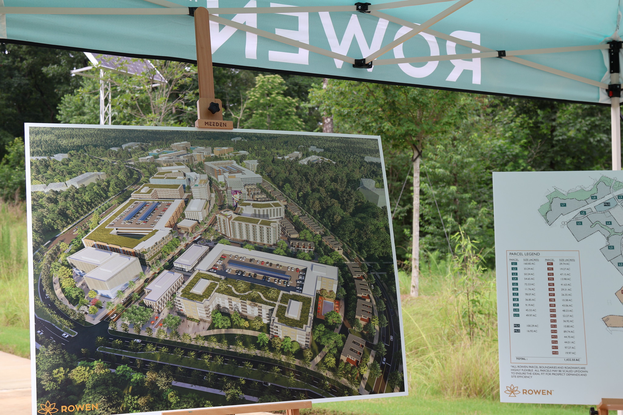 A sign showing a rendering of the planned Rowen campus.