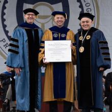 Steve McLaughlin, Sebastian Thrun, and Ángel Cabrera at Georgia Tech's 2024 fall commencement