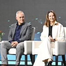 Ángel Cabrera sits next to Sarah Friar at the Global HOPE Forum on Dec. 9, 2024