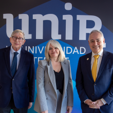 Rafael Puyol Antolín, president of UNIR-PROEDUCA, and Eva Asensio, dean of the faculty of business and economics at UNIR, and Georgia Tech President Ángel Cabrera.